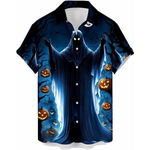 imageHalloween Shirts for Men Funny Spooky Pumpkin Ghost Spider Monster Costume Halloween Short Sleeve Button Down Shirt TopsHalloween Horror Night Ghost