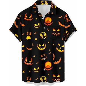 imageHalloween Shirts for Men Funny Spooky Pumpkin Ghost Spider Monster Costume Halloween Short Sleeve Button Down Shirt TopsHalloween Scary Pumpkin Face