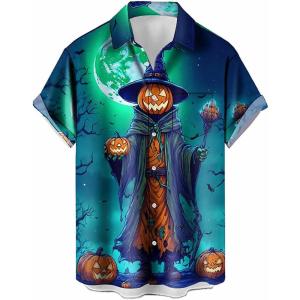 imageHalloween Shirts for Men Funny Spooky Pumpkin Ghost Spider Monster Costume Halloween Short Sleeve Button Down Shirt TopsHalloween Zombie Pumpkin