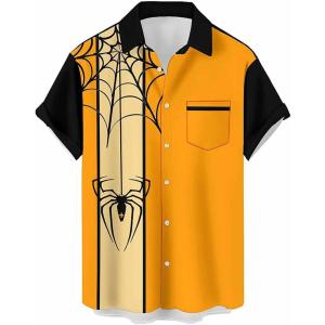 imageHalloween Shirts for Men Funny Spooky Pumpkin Ghost Spider Monster Costume Halloween Short Sleeve Button Down Shirt TopsHappy Halloween Spider