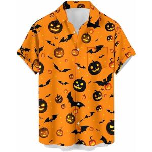 imageHalloween Shirts for Men Funny Spooky Pumpkin Ghost Spider Monster Costume Halloween Short Sleeve Button Down Shirt TopsSpooky Orange Night