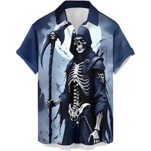 imageHalloween Shirts for Men Funny Spooky Pumpkin Ghost Spider Monster Costume Halloween Short Sleeve Button Down Shirt TopsTerrify Death With Scythe