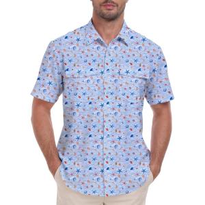 imageLzzidou Fishing Shirts for Men UPF 50 Short Sleeve Button Down Print Hawaiian Camp Shirt with Breathable Back VentBlue Shells Starfish