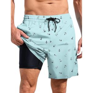 imageLzzidou Men Swim Trunks with Compresssion Liner 7 Inch Inseam Board Shorts Bathing Suit with Zipper PocketsAnchor