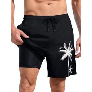 imageLzzidou Men Swim Trunks with Compresssion Liner 7 Inch Inseam Board Shorts Bathing Suit with Zipper PocketsBlack