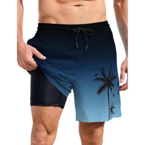 imageLzzidou Men Swim Trunks with Compresssion Liner 7 Inch Inseam Board Shorts Bathing Suit with Zipper PocketsBlack Blue