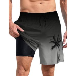 imageLzzidou Men Swim Trunks with Compresssion Liner 7 Inch Inseam Board Shorts Bathing Suit with Zipper PocketsBlack Grey
