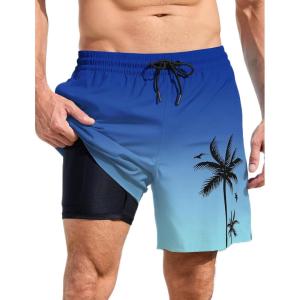 imageLzzidou Men Swim Trunks with Compresssion Liner 7 Inch Inseam Board Shorts Bathing Suit with Zipper PocketsBlue