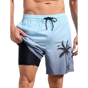 imageLzzidou Men Swim Trunks with Compresssion Liner 7 Inch Inseam Board Shorts Bathing Suit with Zipper PocketsBlue Grey