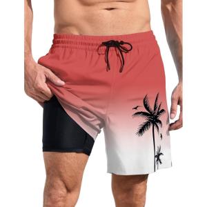 imageLzzidou Men Swim Trunks with Compresssion Liner 7 Inch Inseam Board Shorts Bathing Suit with Zipper PocketsBrick Red White