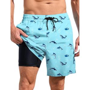 imageLzzidou Men Swim Trunks with Compresssion Liner 7 Inch Inseam Board Shorts Bathing Suit with Zipper PocketsBubble and Fish