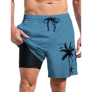 imageLzzidou Men Swim Trunks with Compresssion Liner 7 Inch Inseam Board Shorts Bathing Suit with Zipper PocketsDusty Blue
