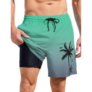 imageLzzidou Men Swim Trunks with Compresssion Liner 7 Inch Inseam Board Shorts Bathing Suit with Zipper PocketsGreen Grey