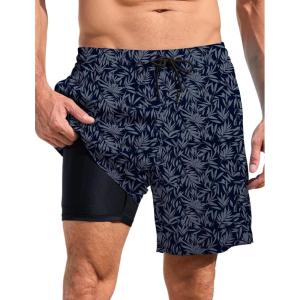 imageLzzidou Men Swim Trunks with Compresssion Liner 7 Inch Inseam Board Shorts Bathing Suit with Zipper PocketsLeaves