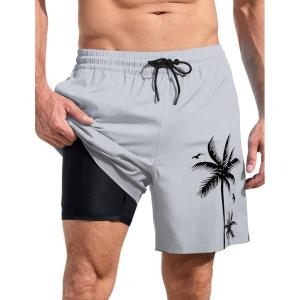 imageLzzidou Men Swim Trunks with Compresssion Liner 7 Inch Inseam Board Shorts Bathing Suit with Zipper PocketsLight Grey