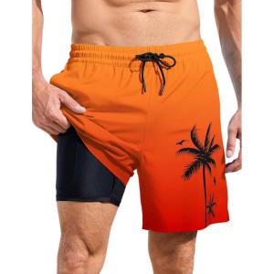 imageLzzidou Men Swim Trunks with Compresssion Liner 7 Inch Inseam Board Shorts Bathing Suit with Zipper PocketsOrange Red