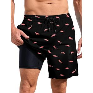 imageLzzidou Men Swim Trunks with Compresssion Liner 7 Inch Inseam Board Shorts Bathing Suit with Zipper PocketsPink Fish