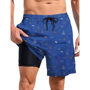 imageLzzidou Men Swim Trunks with Compresssion Liner 7 Inch Inseam Board Shorts Bathing Suit with Zipper PocketsSea World