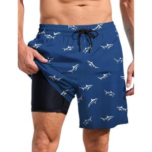 imageLzzidou Men Swim Trunks with Compresssion Liner 7 Inch Inseam Board Shorts Bathing Suit with Zipper PocketsShark