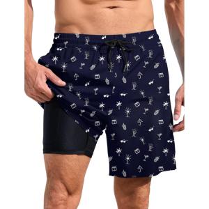 imageLzzidou Men Swim Trunks with Compresssion Liner 7 Inch Inseam Board Shorts Bathing Suit with Zipper PocketsTropic