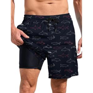 imageLzzidou Men Swim Trunks with Compresssion Liner 7 Inch Inseam Board Shorts Bathing Suit with Zipper PocketsWhale and Shark