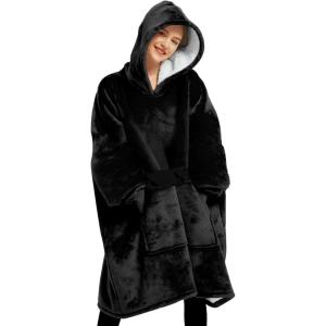 imageLzzidou Oversized Blanket Hoodie for Women Two Layers Cozy Flannel Sherpa Wearable Blanket Sweatshirt AdultSolid Black