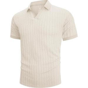 imageMens Knit Polo Shirts Casual Stylish V Neck Short Sleeve Sweater Polo Knitted Textured Johnny Collar Tops Fashion 2025Beige