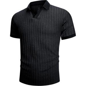 imageMens Knit Polo Shirts Casual Stylish V Neck Short Sleeve Sweater Polo Knitted Textured Johnny Collar Tops Fashion 2025Black