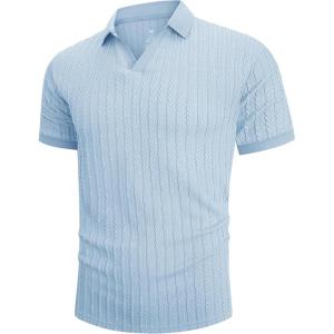 imageMens Knit Polo Shirts Casual Stylish V Neck Short Sleeve Sweater Polo Knitted Textured Johnny Collar Tops Fashion 2025Blue