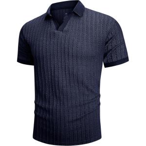 imageMens Knit Polo Shirts Casual Stylish V Neck Short Sleeve Sweater Polo Knitted Textured Johnny Collar Tops Fashion 2025Navy