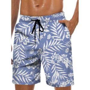 imageMens Swim Trunks Hawaiian Bathing Mesh Lining Suit Swimsuits Beach Shorts with PocketsBluewhite Flower