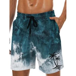 imageMens Swim Trunks Hawaiian Bathing Mesh Lining Suit Swimsuits Beach Shorts with PocketsGreen Whitesea Wave