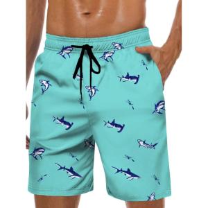 imageMens Swim Trunks Hawaiian Bathing Mesh Lining Suit Swimsuits Beach Shorts with PocketsTurquoise Shark