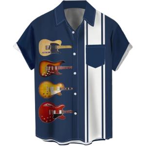 imageMens Vintage Bowling Shirt 1950s Retro Rockabilly Style Short Sleeve Button Down Music Hawaiian ShirtsGuitar4 Styles
