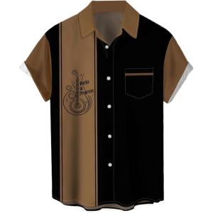 imageMens Vintage Bowling Shirt 1950s Retro Rockabilly Style Short Sleeve Button Down Music Hawaiian ShirtsGuitarbrown Black