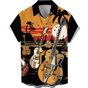imageMens Vintage Bowling Shirt 1950s Retro Rockabilly Style Short Sleeve Button Down Music Hawaiian ShirtsGuitarhawaii