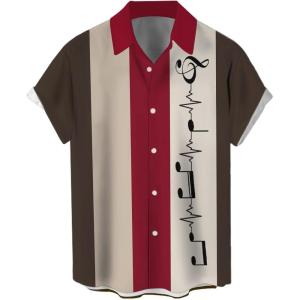 imageMens Vintage Bowling Shirt 1950s Retro Rockabilly Style Short Sleeve Button Down Music Hawaiian ShirtsMusic Notebeige Red