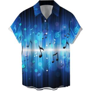 imageMens Vintage Bowling Shirt 1950s Retro Rockabilly Style Short Sleeve Button Down Music Hawaiian ShirtsMusic Notesapphire