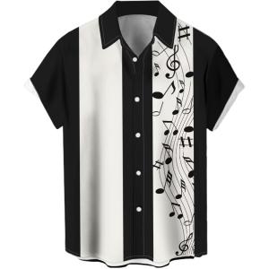 imageMens Vintage Bowling Shirt 1950s Retro Rockabilly Style Short Sleeve Button Down Music Hawaiian ShirtsMusic Notewhite Black