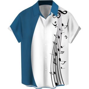 imageMens Vintage Bowling Shirt 1950s Retro Rockabilly Style Short Sleeve Button Down Music Hawaiian ShirtsMusic Notewhite Blue