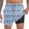 imageMens Swim Trunks with Compression Liner 55quot Board Shorts with Zipper Pockets 2 in 1 Quick Dry Bathing SuitsBlue Leavesc
