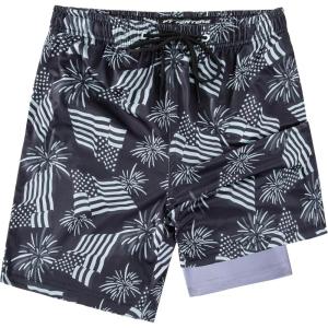 imageBoys Swim Trunks with Compression Liner Boys Stretch Swim Shorts Quick Dry 2 in 1 Beach Shorts 417 YBlack American Flag