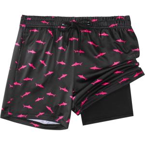 imageBoys Swim Trunks with Compression Liner Boys Stretch Swim Shorts Quick Dry 2 in 1 Beach Shorts 417 YBlack Shark