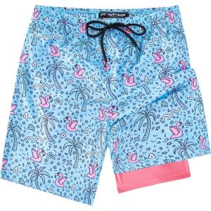 imageBoys Swim Trunks with Compression Liner Boys Stretch Swim Shorts Quick Dry 2 in 1 Beach Shorts 417 YBlue Palm Tree Flamingo