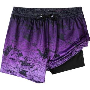 imageBoys Swim Trunks with Compression Liner Boys Stretch Swim Shorts Quick Dry 2 in 1 Beach Shorts 417 YGradient Purple Leaf