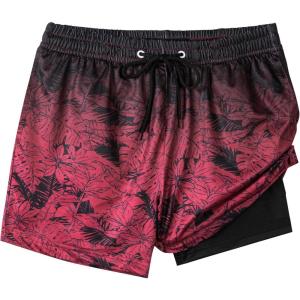 imageBoys Swim Trunks with Compression Liner Boys Stretch Swim Shorts Quick Dry 2 in 1 Beach Shorts 417 YGradient Red Leaf