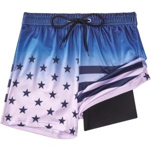 imageBoys Swim Trunks with Compression Liner Boys Stretch Swim Shorts Quick Dry 2 in 1 Beach Shorts 417 YGradient Usa Flag