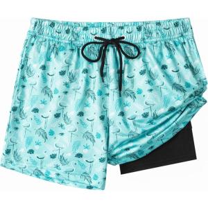 imageBoys Swim Trunks with Compression Liner Boys Stretch Swim Shorts Quick Dry 2 in 1 Beach Shorts 417 YMint Flamingo