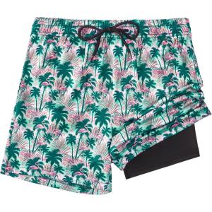imageBoys Swim Trunks with Compression Liner Boys Stretch Swim Shorts Quick Dry 2 in 1 Beach Shorts 417 YPalm Flamingo