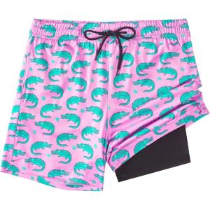 imageBoys Swim Trunks with Compression Liner Boys Stretch Swim Shorts Quick Dry 2 in 1 Beach Shorts 417 YPink Crocodile